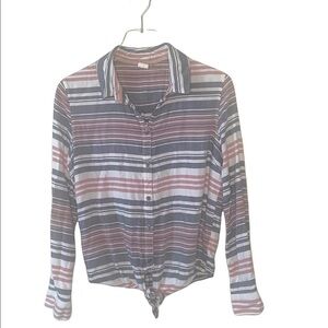 𝅺ROXY Womens Tie Front Crop Top Blouse Size Medium Pink White Long Sleeve